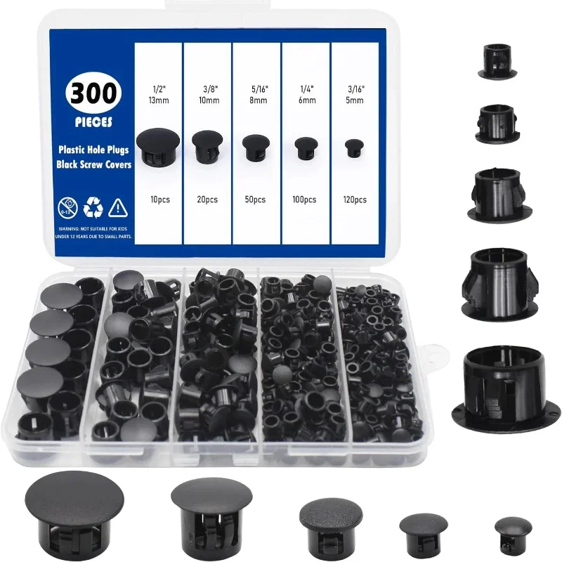 300pcs 5mm-13mm Plastic Hole Plugs Assorted Black Door Screw Covers Caps-Snap Type Insert Washer Lock Button Plug Kit