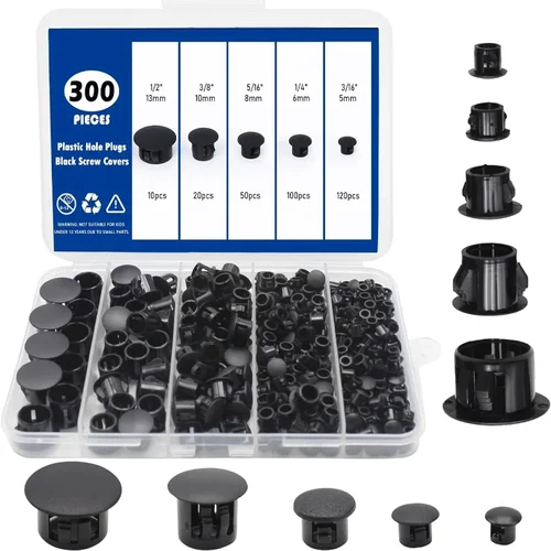 300 Uds. Tapones para agujeros de plástico de 5mm-13mm, surtido de cubiertas de tornillos de puerta negras, Kit de enchufe de botón de bloqueo de arandela de inserción tipo presión
