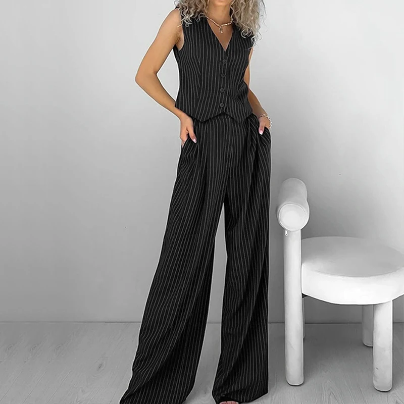 OMSJ 2025 Retro Stripes Print Sleeveless Single Breasted Vest Tops And Pockets Straight Pants Ladies Elegant Chic 2-Piece Outfit