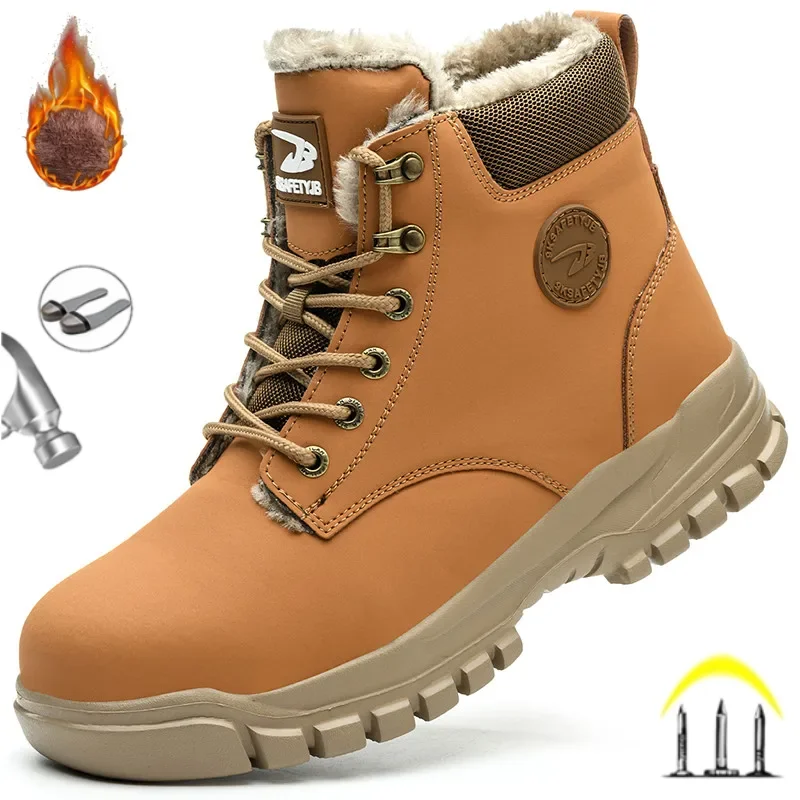 New 2024 Fashion Winter Velvet Work Safety Boots For Men Nail Proof Indestructible Waterproof Steel Toe Cap Male Sneakers