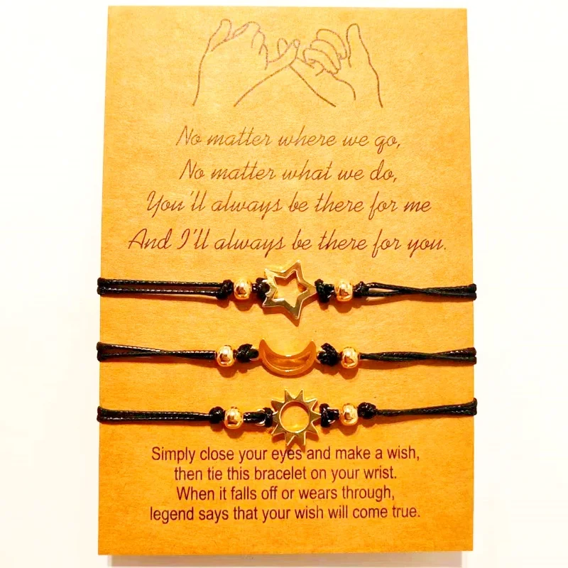 Trendy Sun, Moon and Stars Couples Bracelet Set with Blessing Cards, Adjustable Handmade Braided Rope Bracelet Set