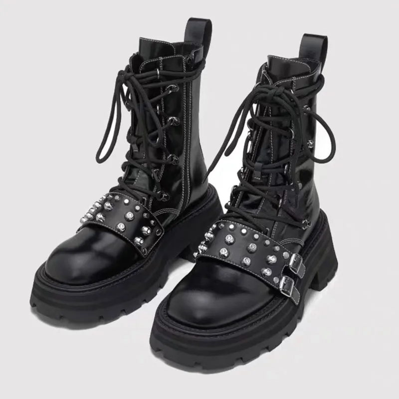 Women's British Style Studded Platform Mid-Calf Boots Versatile Height-Enhancing Slim Ankle Boots for Comfort Versatile Footwear