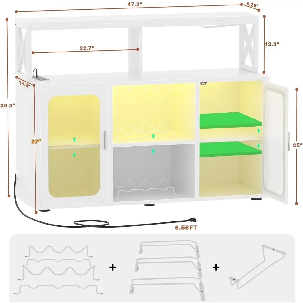 Bar Cabinet with Power Outlet, Liquor Cabinet with Led Lights and Glass Holders