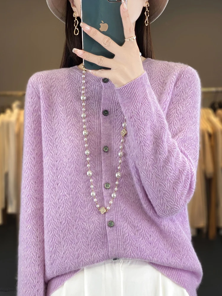 ADDONEE Spring Women O-neck Hollow Out Cardigan Sweater Grace Basic Long Sleeve Coat 100% Merino Wool Knitwear Korean Popular