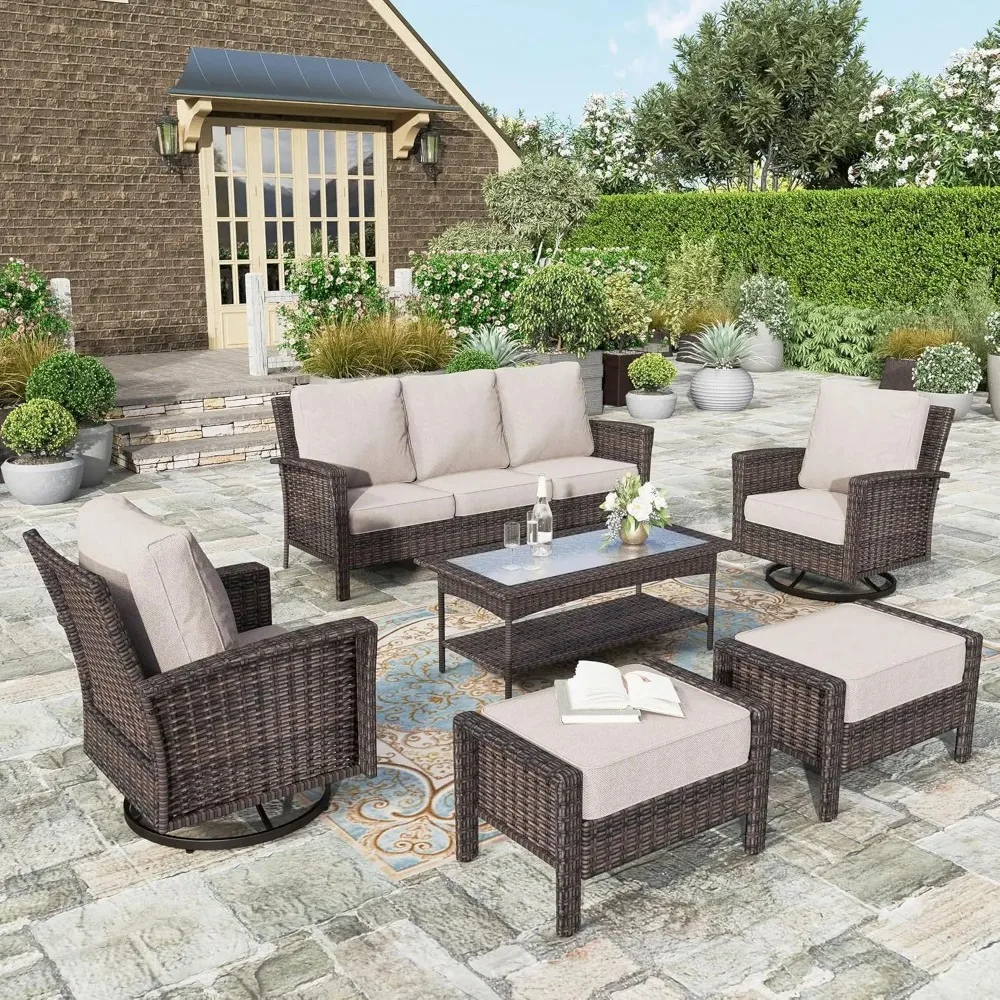 6-Piece Wicker Patio Furniture Sets, 2 x High Back Swivel Chair, 3-Seat Sofa, 1 x Coffee Table w/2 x Ottoman for Garden Poolside