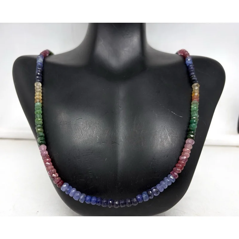 Multi Sapphire Necklace 20” 4-5mm Faceted Round Beads Sterling Silver