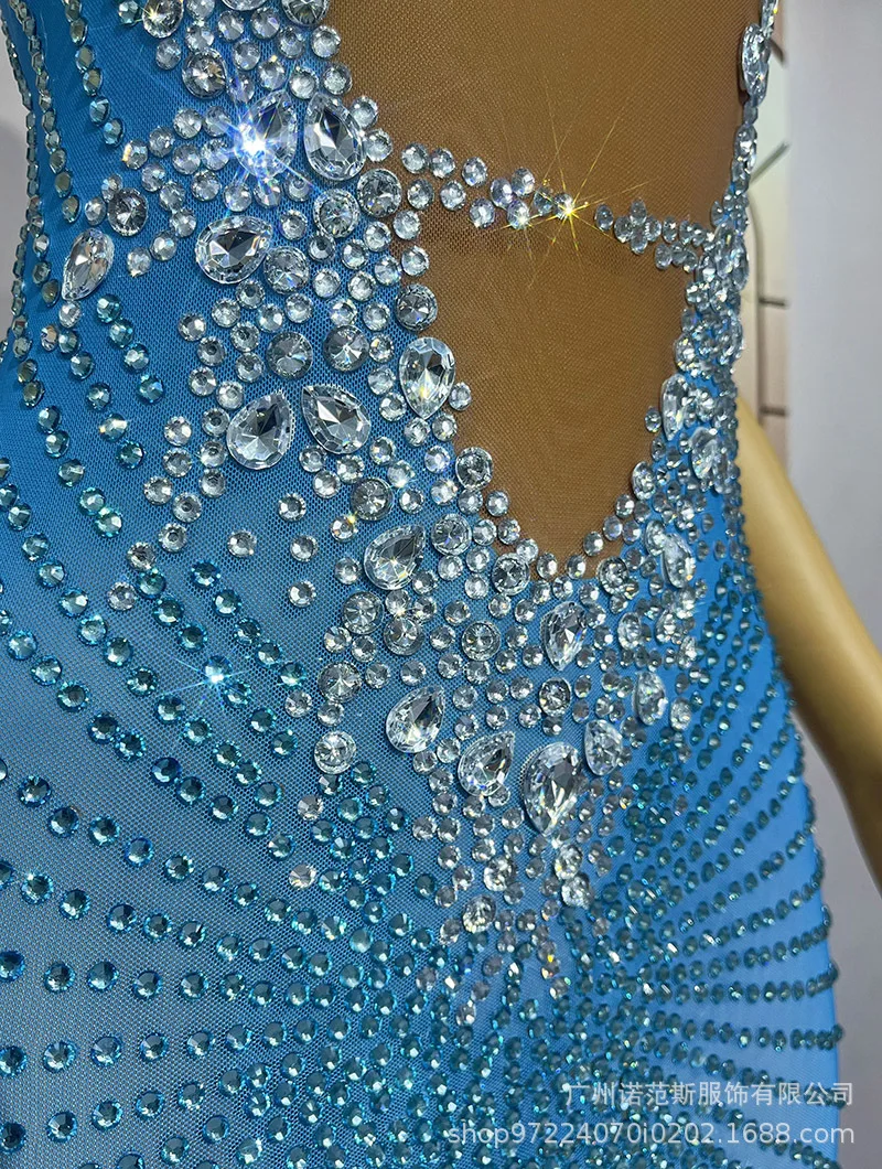 فاخر الأزرق حجر الراين حورية البحر الورك التفاف فستان حورية البحر الكبار نموذج المنصة الملابس العصرية شركة الاجتماع السنوي فستان رداء Fête #6