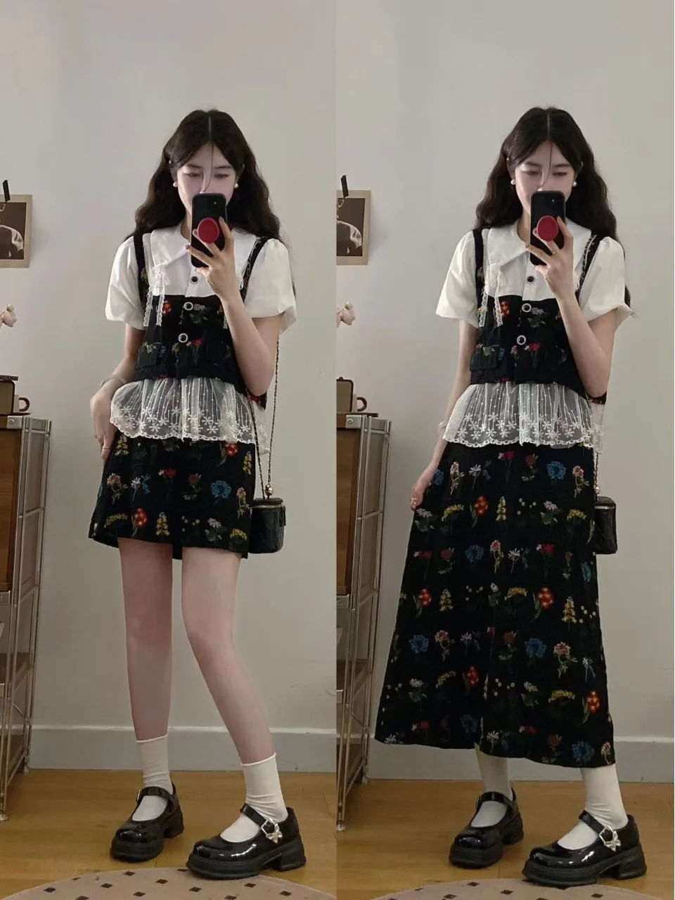 

Retro Lace Splice Women's Summer Fashion Set High Waist Skirt Short Sleeve Shirt High Quality Floral Patterned Two-Piece Suit