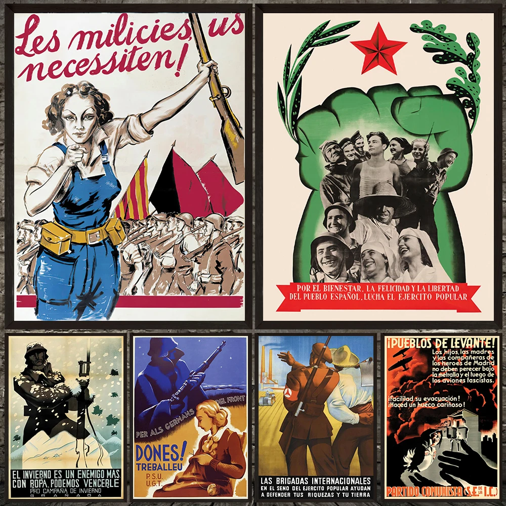 The International Are Fighting Next To The Spanish People Antique Wall Art Canvas Painting,Spanish Civil War Art Poster Print