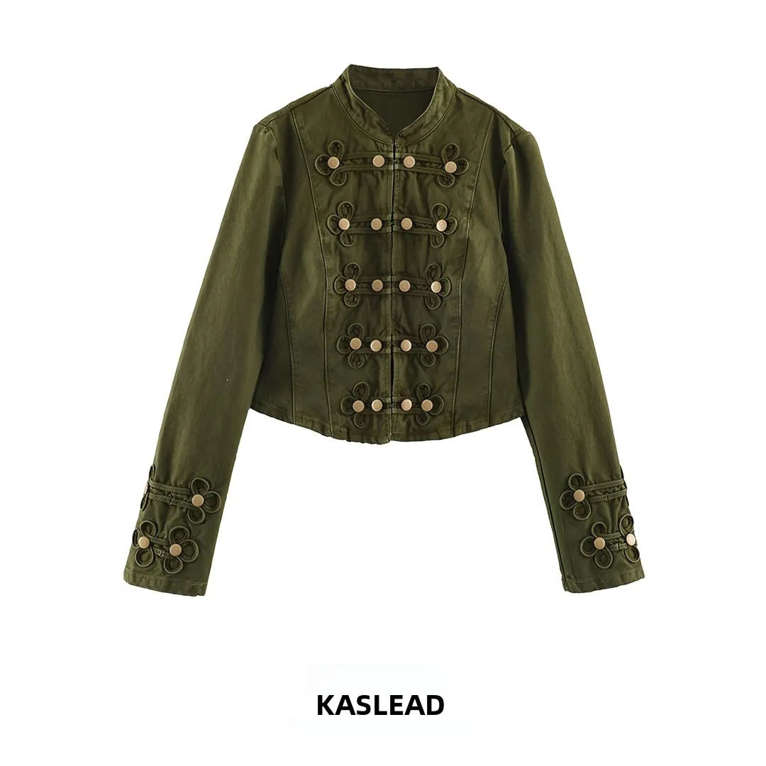KASLEAD Women's Denim Button Coat Short Style Long Sleeve Double Row Buckle Polyester Fiber Autumn Fashion Outerwear