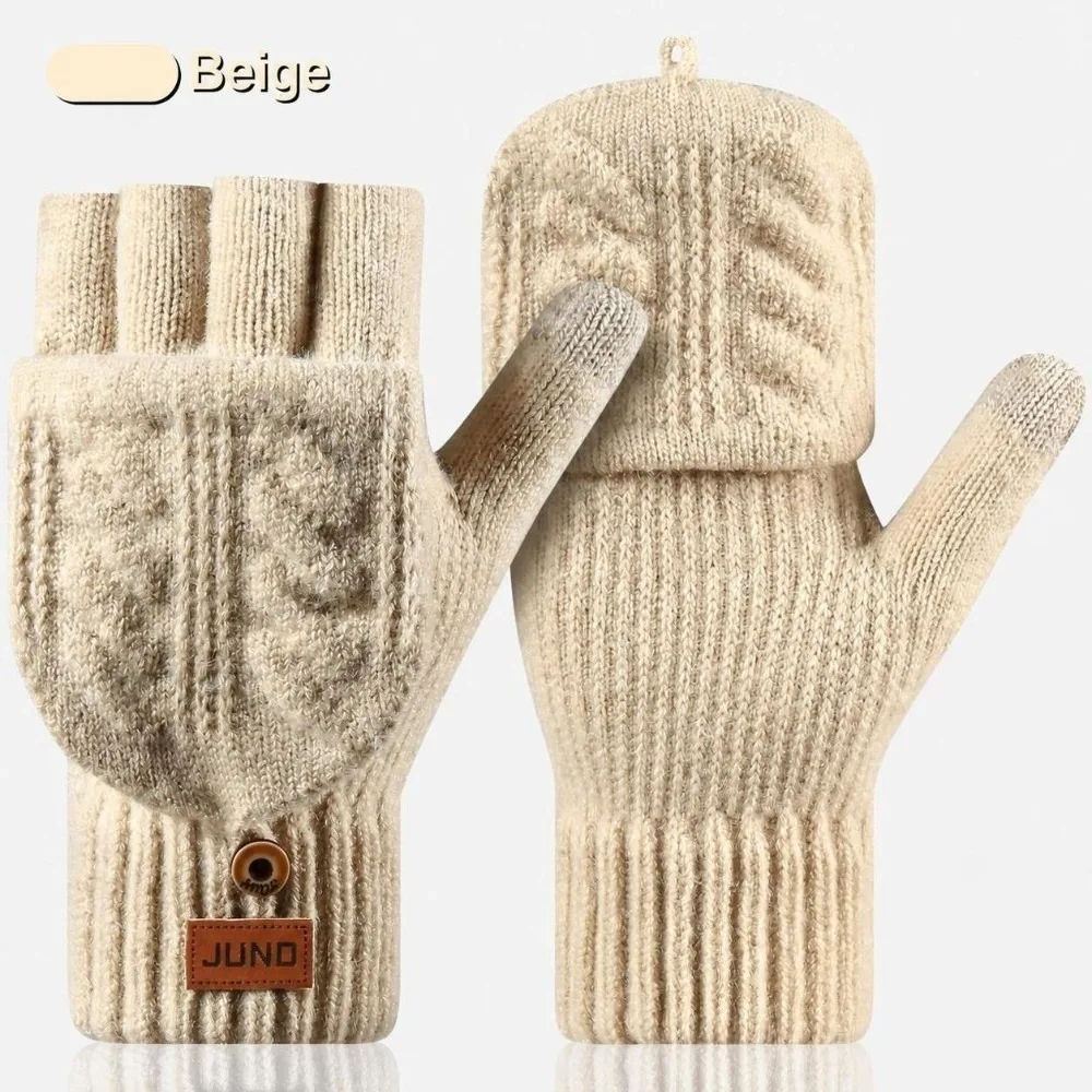 Durable Unisex Winter Cable Knitted Gloves Warm One Size Women Half Finger Mittens Polyester Blend Convertible Gloves For Work
