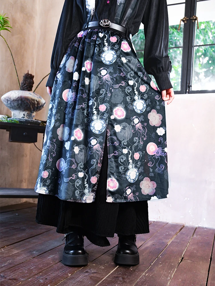 New Chinese Art Sense Printing Skirt Women's A-line Double Layer Skirt Fashion Long Black High Waisted Skirts Kawaii Clothes