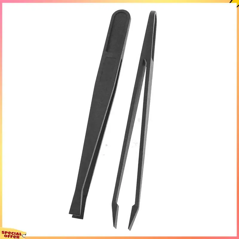 ABFI 10 Pcs Manual Tool Black Plastic Flat Tip Anti-Static Tweezer 12Cm Long
