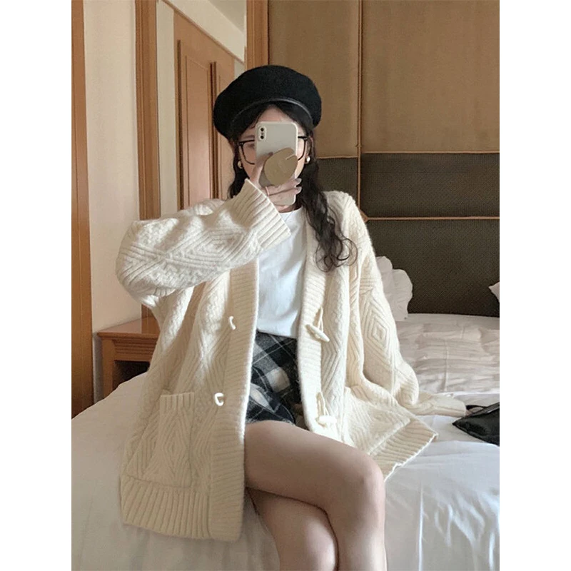 Red Knitting Cardigan Coat Women Autumn Winter Simplicity Loose Long Sleeve Sweater Office Lady All-match Fashion Knitwear Tops