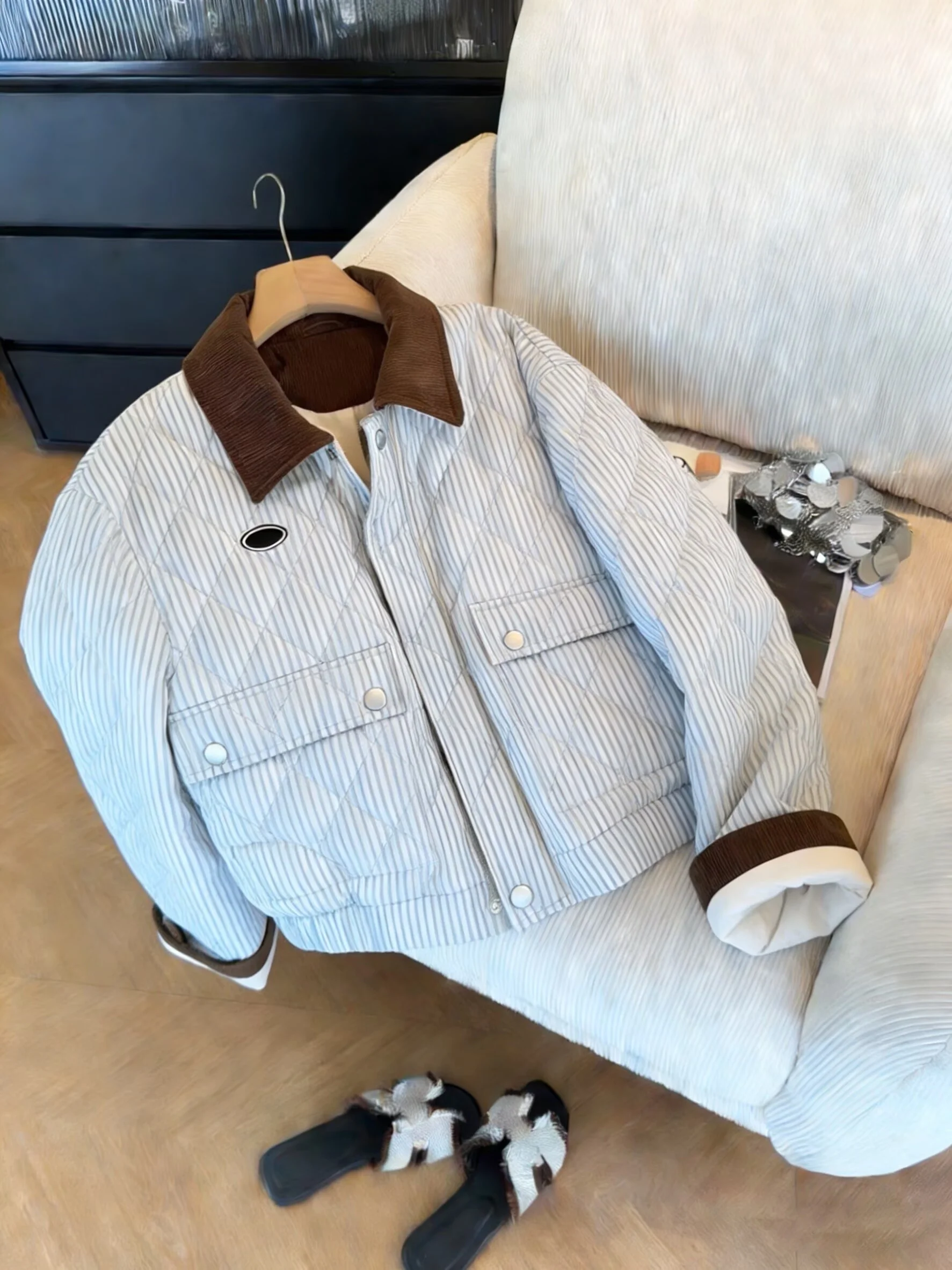 

Сине-белая полосатая хлопковая куртка с воротником для мужчин и женщин, винтажная, для повседневной носки, подходит для осени и зимы