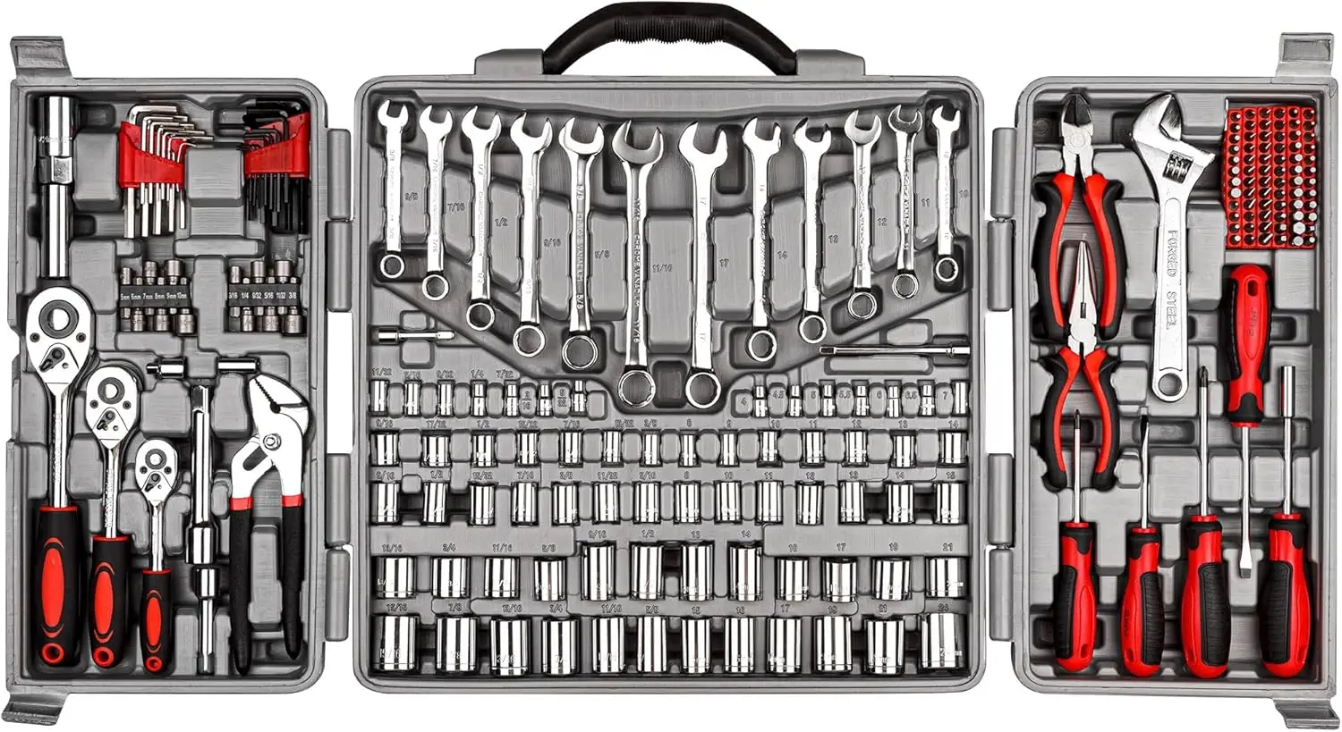 

205 Piece Ratchet Wrench Tool Set 1/4' & 3/8' & 1/2' Drive with SAE/Metric Sockets Kit in Plastic Toolbox