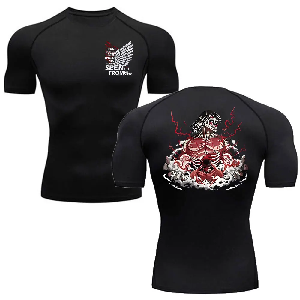 Compression Shirts Men Anime Attack On Titan Sports Short Sleeved Gym Running T-Shirts Fitness Quick Drying Elastic Tennis Sport