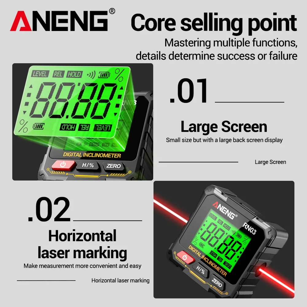 Digital Angle Level Laser Instrument 360°Screen Automatic Flip Four-sided Strong Magnetic Inclinometer Universal Tool ANENG RN03