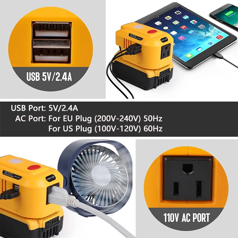 Générateur d\'onduleur de batterie au lithium portable, Dewalt, USB, lumière LED, DC 20V à AC 110V, 220V