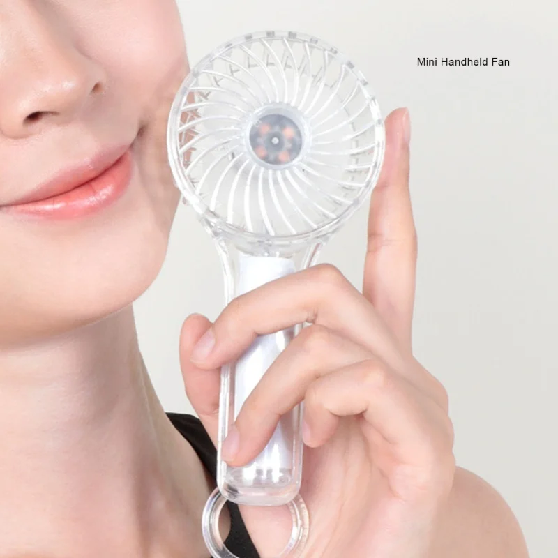Colorful Lights Mini Handheld Fan Transparent Quiet Rechargeable Hanging Portable For Outdoor Travel Women White