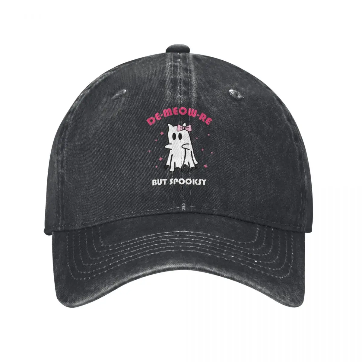 Demure DE-MEOW-RE But Spooksy Cat Ghost Baseball Cap Vintage Distressed Denim Snapback Cap Unisex Workouts Adjustable Hats Cap