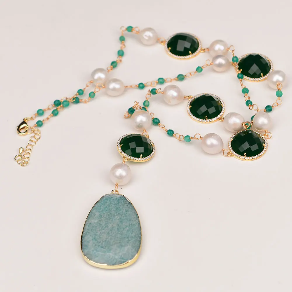 GG 27'' Natural White Keshi Edison Pearl Green Agate Jade CZ Coin Necklace Natural Green Amazonite Pendant