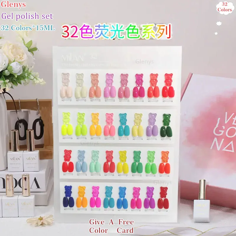 

Glenys 32-цветный флуоресцентный лак для ногтей, клей, популярный по всей сети, красочный гель для замачивания, набор УФ-светодиодных лаков