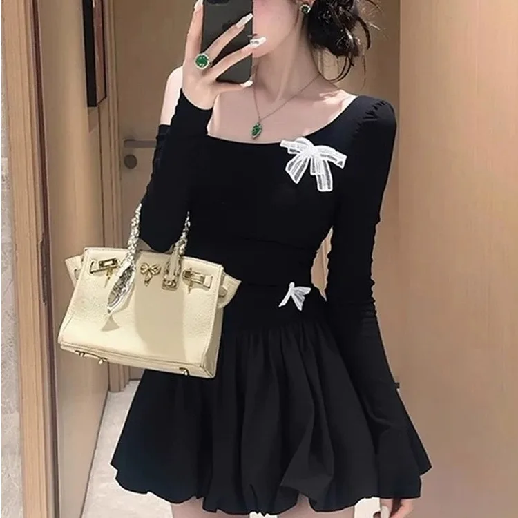 

Hebe Sle Bla Off-oulder Knot Dr Women's Autumn Winter Slimming ort Skirt Ele Faionable Casual Sle