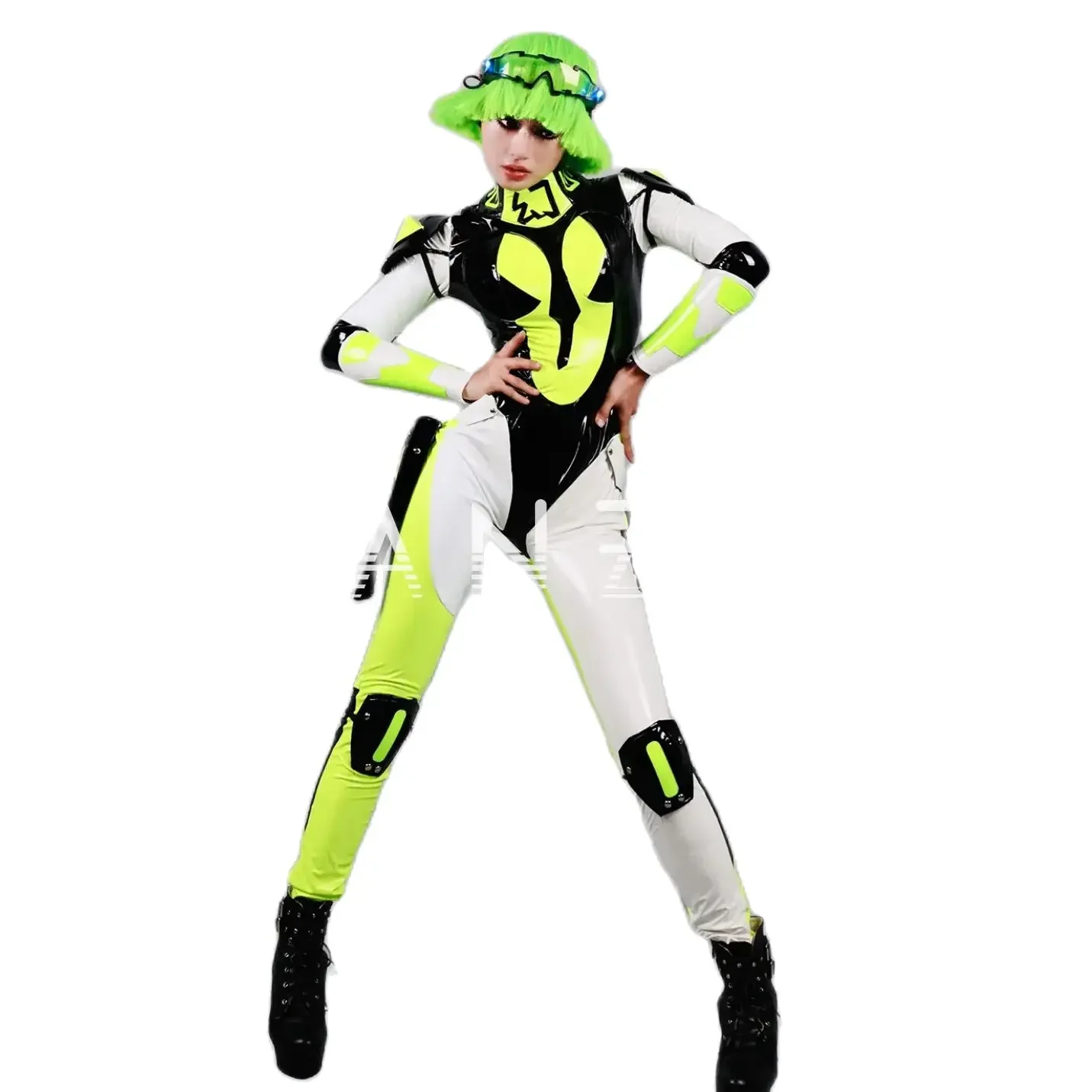 Nieuwe prestatiekleding nachtclub fluorescerend groen damestechnologie lakleer eendelige motorfiets cyberpunk jumpsuit