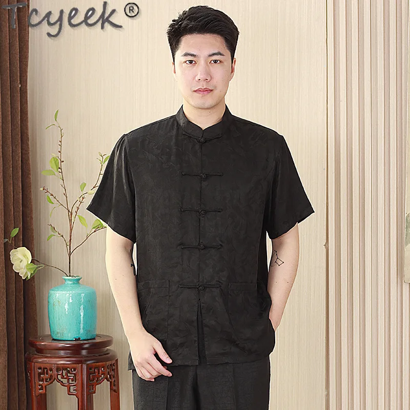 

Tcyeek 100% Real Mulberry Silk Mens Shirts Summer Short Sleeve Top High-end Black Shirt for Men Viantge Clothing 2024 قمصان