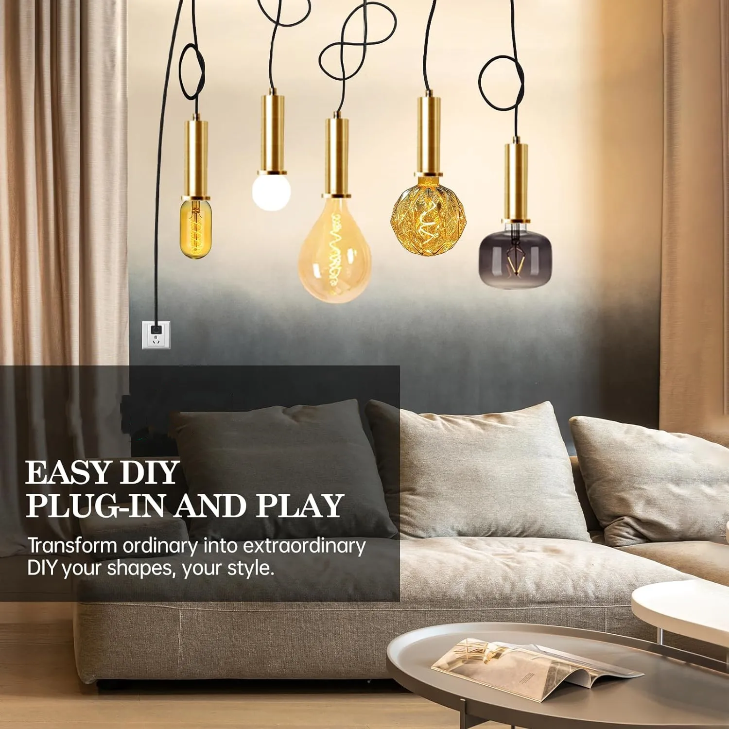 Pendant Light Fixtures with Cord Lamp,15FT Hang Lights with Gold Long E26 Socket,Industrial Decor Hemp Rope Electrical Cord