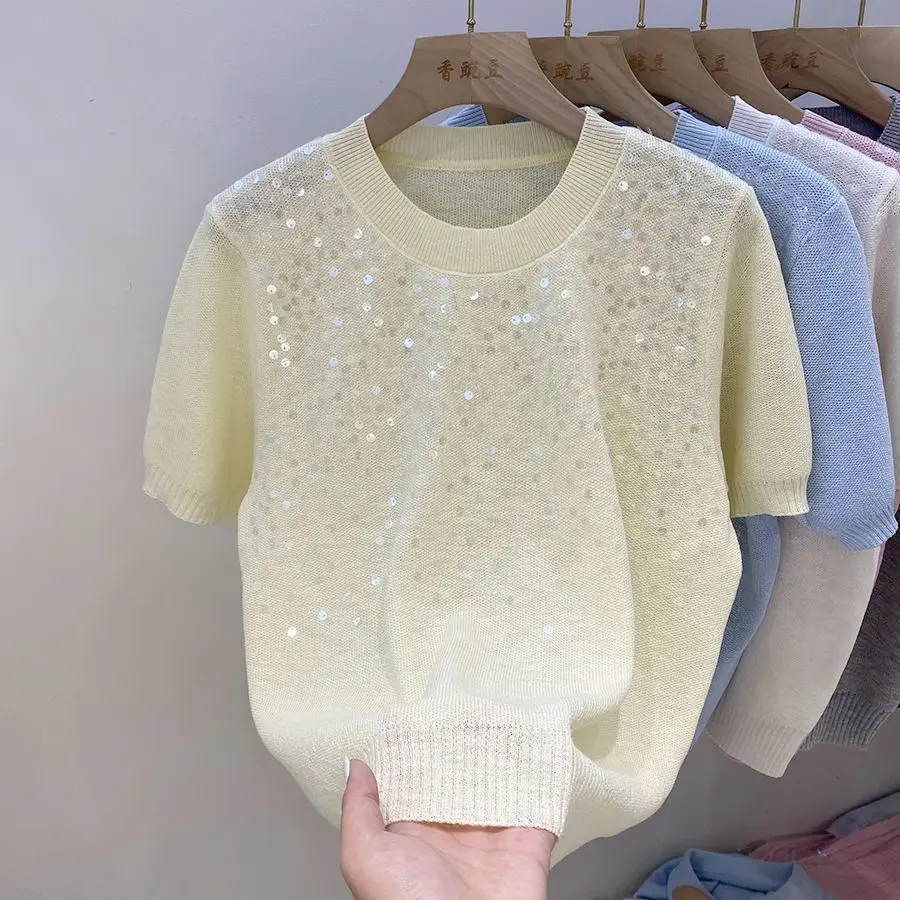 

Sweet Trends Sequin Knitted Pullover Women Short-Sleeve T-Shirt Lightweight Sweater Design Top Y2k Jumper Outfit Korean Tees