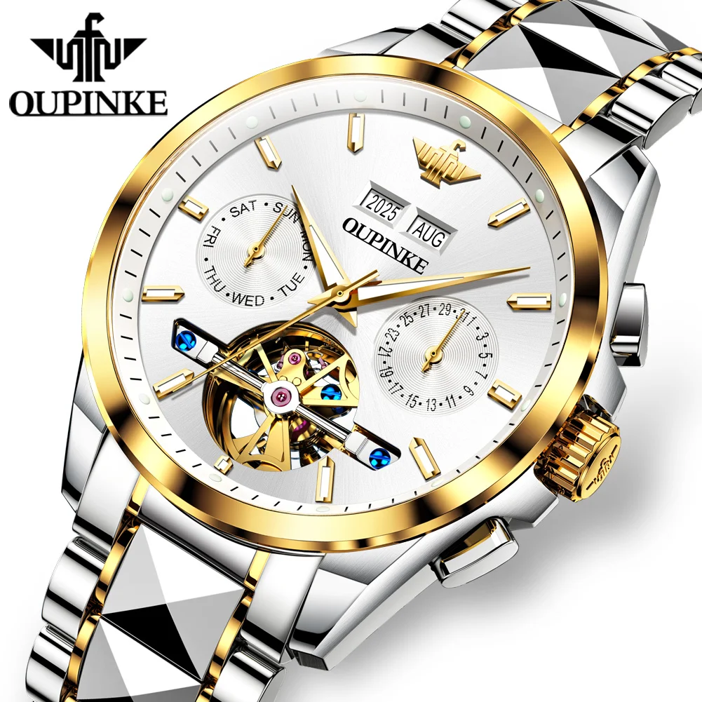 

100% Original Men's Watch Stainless steel Sapphire Mirror Flywheel Skeleton Automatic mechanical Man Hand Clock