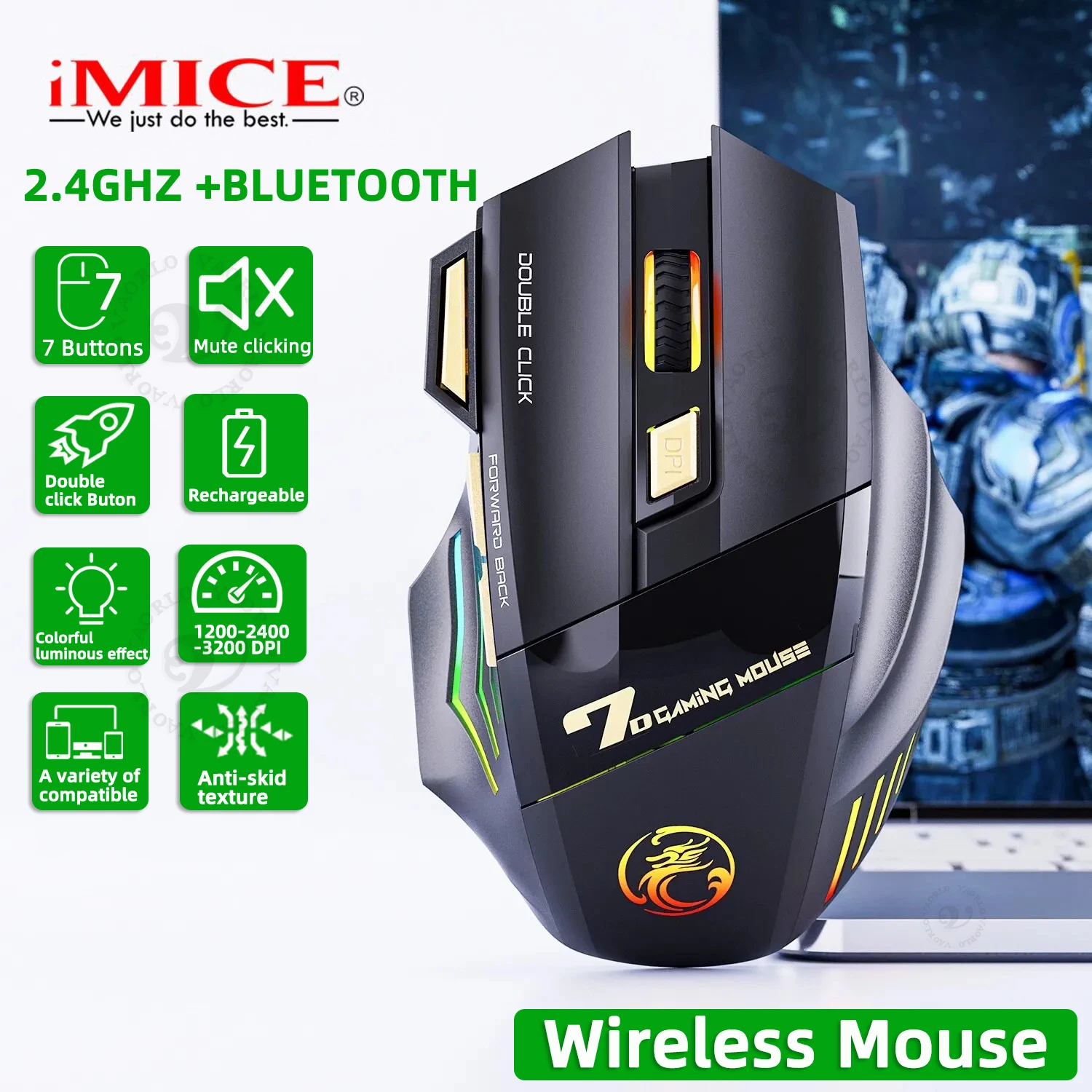 Wireless Gaming Mouse USB IMICE GW-X7 3200DPI Dual Mode Rechargeable 7 Keys 2.4Ghz Silent Mouse Bluetooth 7-color Breathing LED