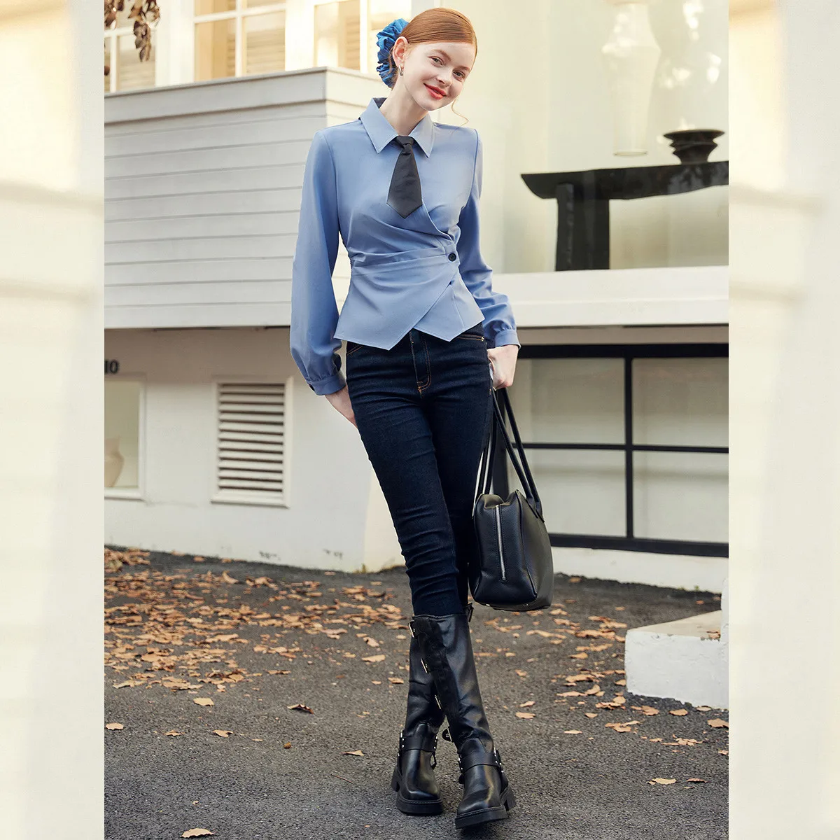 루이스 야오 새로운 우아한 사선 칼라 디자인 블라우스 2025 가을 레트로 탑 슬림핏 배색 버튼다운 여성 셔츠