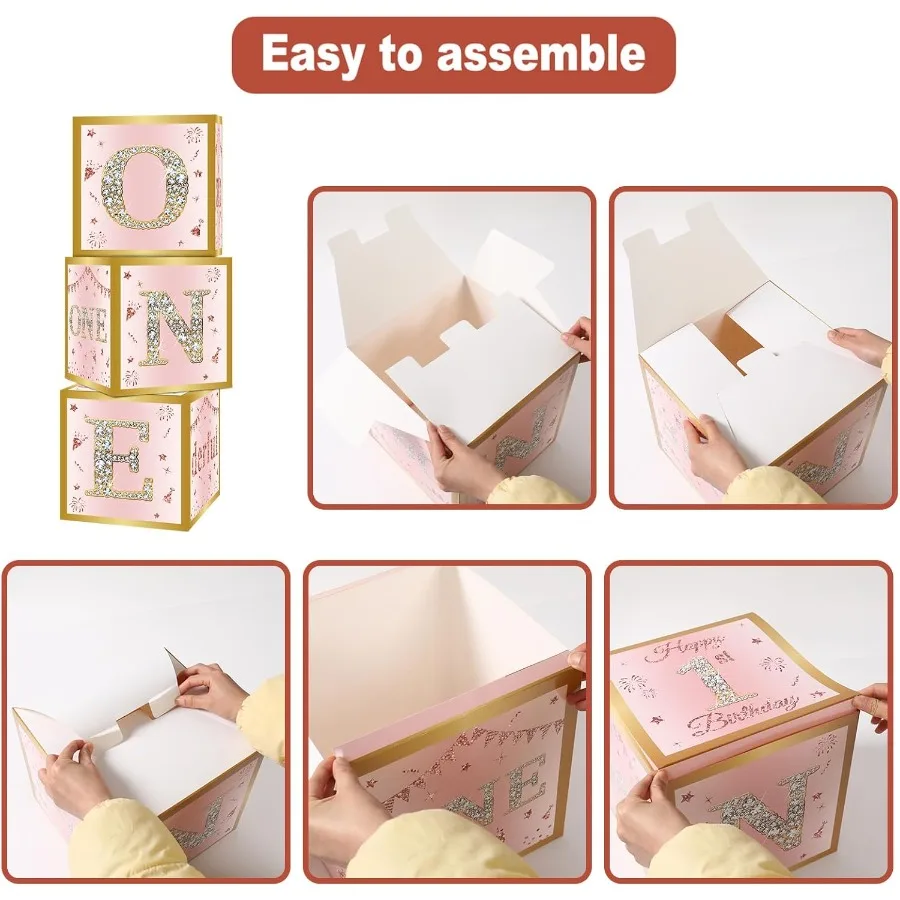 아기 여자아이 첫 생일 장식 박스 3개 세트 핑크 로즈 골드 원더풀 핏 생일 풍선 박스 한 살 생일 축하