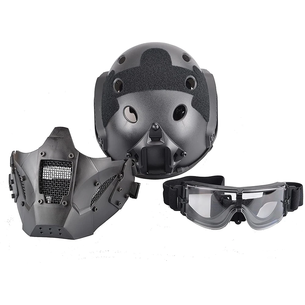 Tactical Fast Helmet Set Air Gun Steel Mesh Protective Mask and Goggles, for Hunting Paintball CS Game BB Gun Shooting