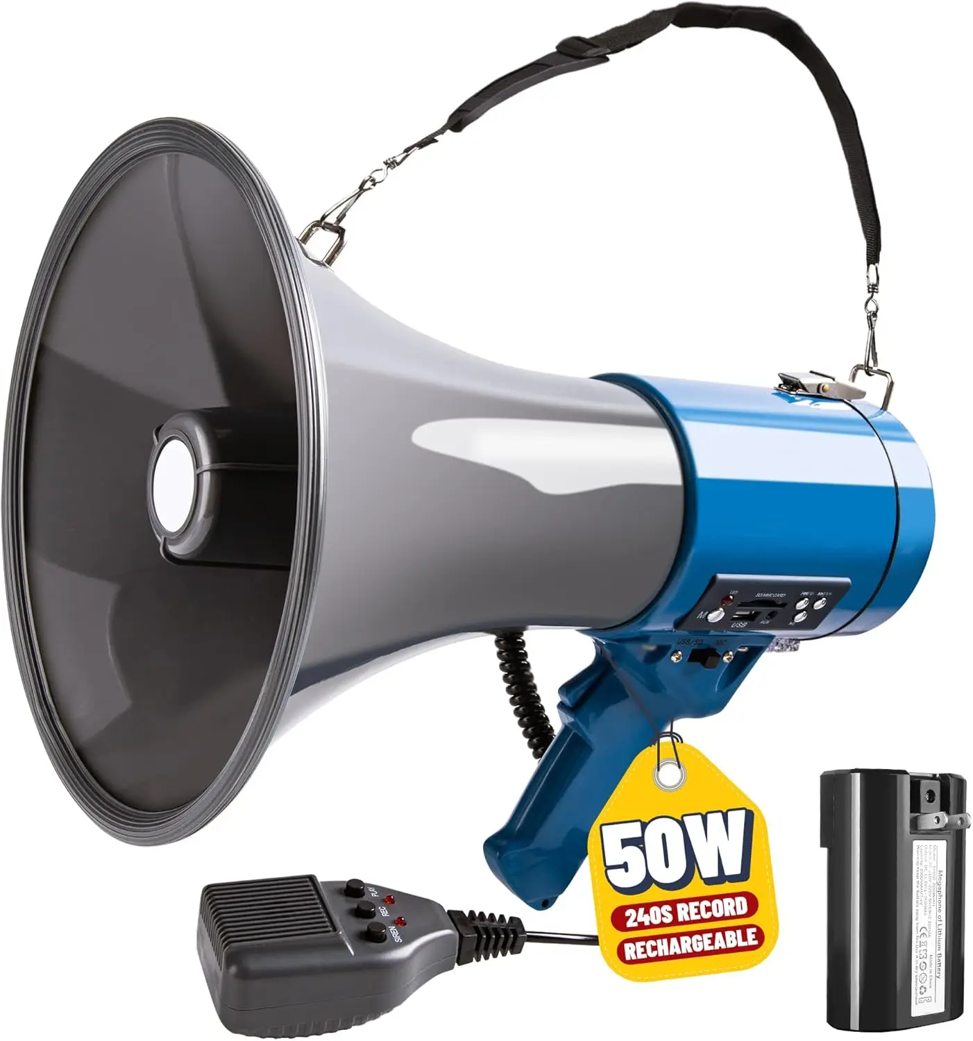 

50W Megaphone with Rechargeable Battery for Outdoor Events, 1600ft Range, 240s Recording
