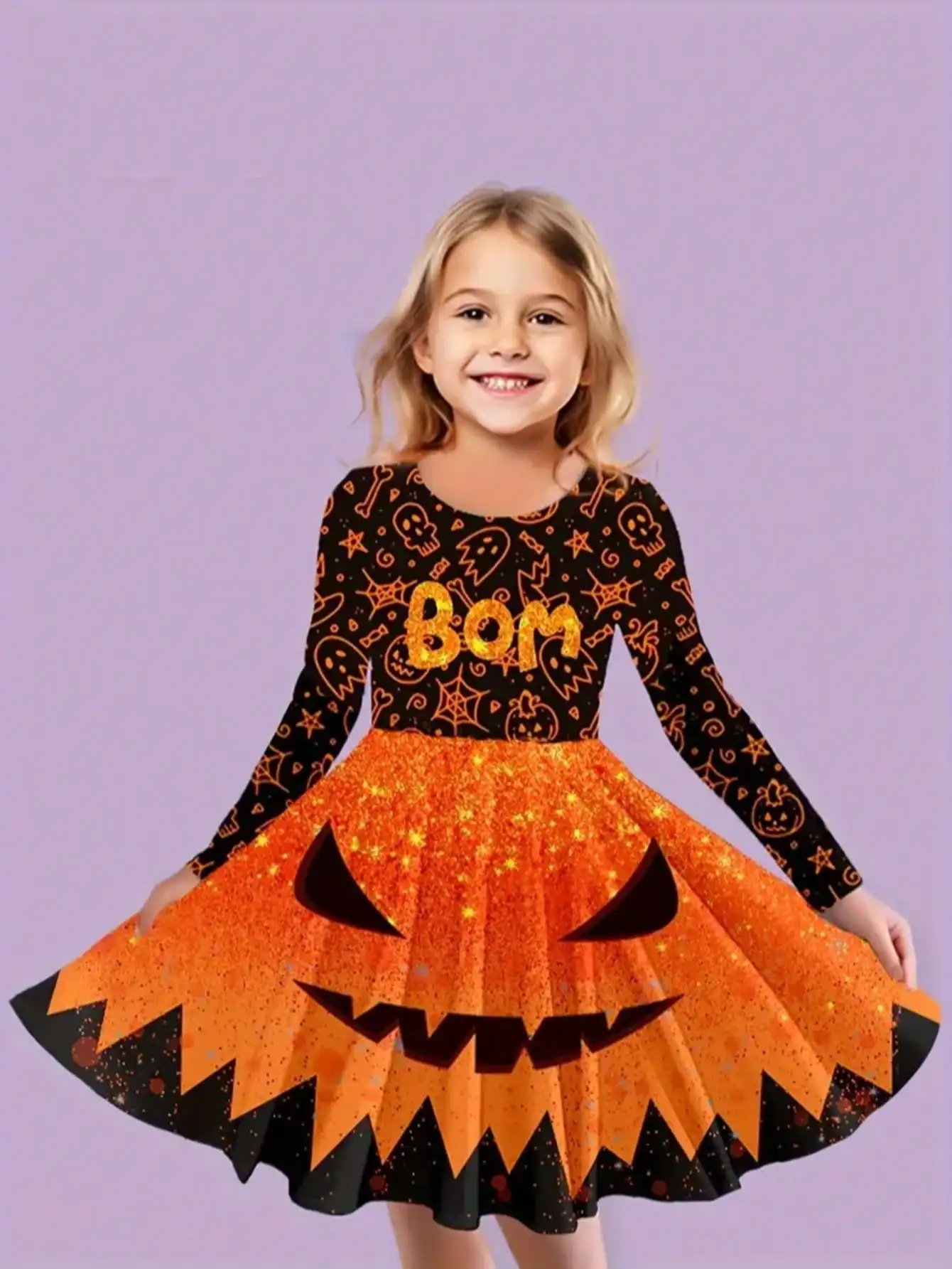 Children's Halloween Long-Sleeved Dress Pumpkin Pattern round Neck Letter Print Mid-Length Skirt for Kids' Costume