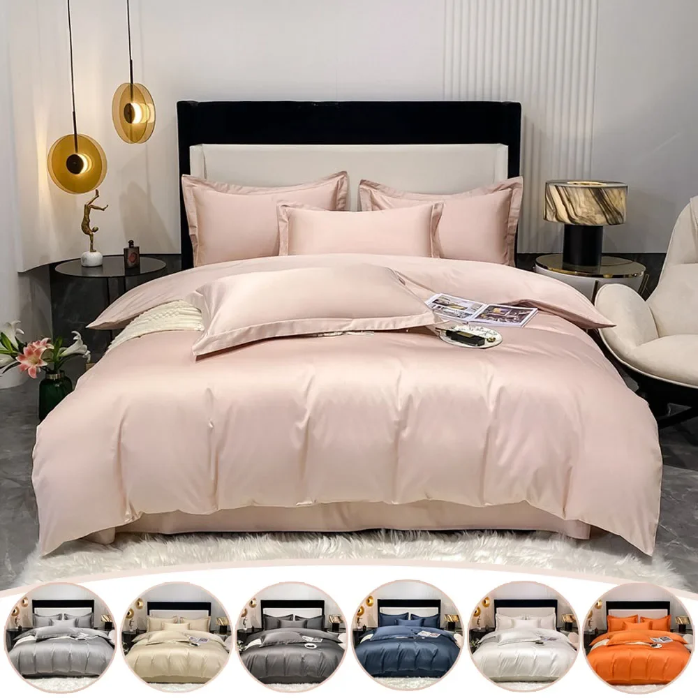 

100% Cotton High Luxury Bedding Bedsheets Duvet Cover Skin Friendly Breathable 2 Pillowcases Twin Full Solid Color Bedding Set