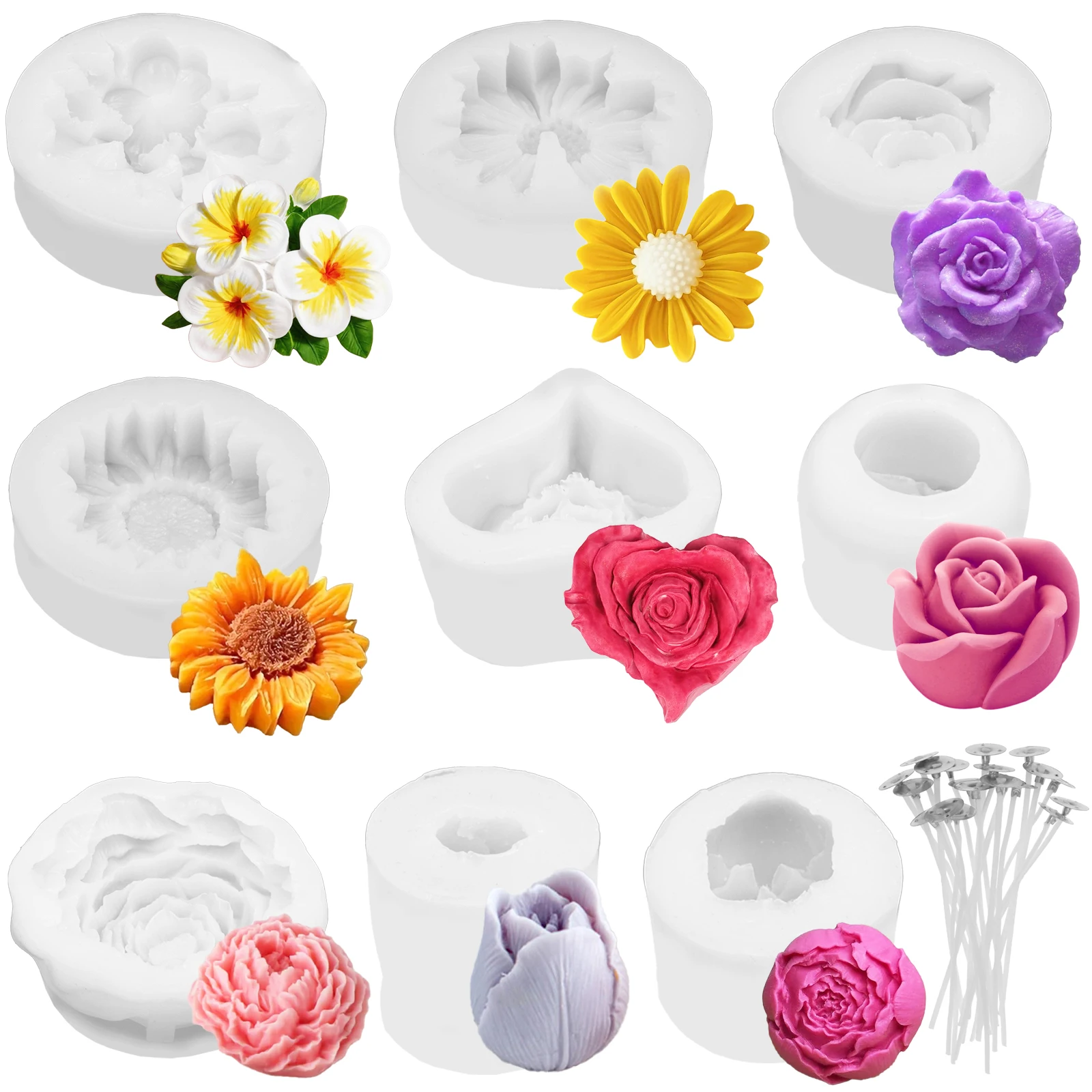 

Набор из 6/9 силиконовых форм для свечей в виде цветов, для изготовления свечей ко Дню святого Валентина и Дню матери, для соевого воска, пчелиного воска, смолы, рукоделия, с 20
