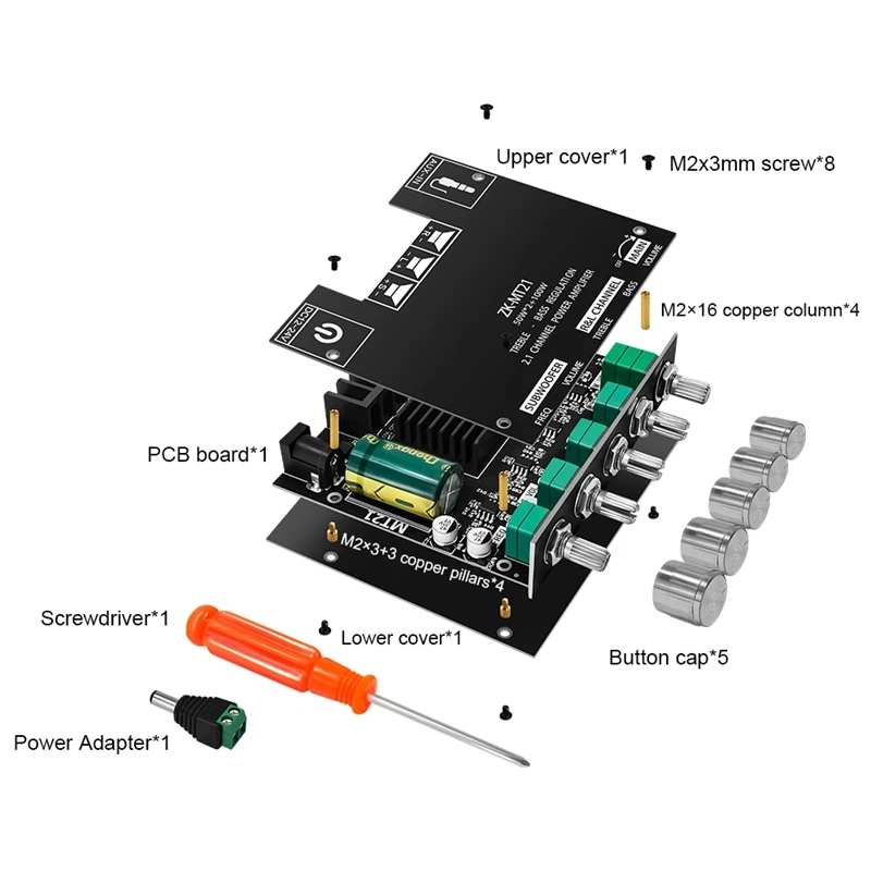 ZK-MT21 Digital Power Amplifier Board 50Wx2+100W 2.1 Channel AUX+BT5.0 High Low Tone Super Bass Power Amplifier Board