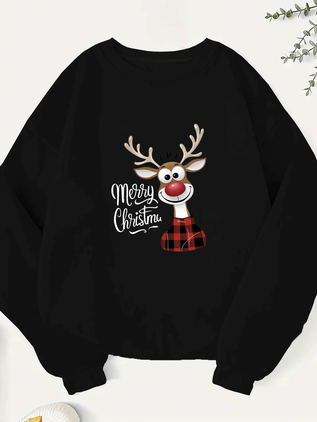1Pc Women's Plus Size Casual Crew Neck Sweatshirt, Reindeer Merry Christmas Print, Polyester Knit Fabric, Long Sleeve, Geometric