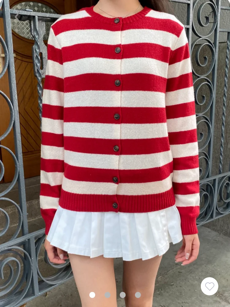 

Красный вязаный кардиган в полоску для женщин, на одной пуговице, с круглым вырезом, универсальный, приталенный, повседневный, длинный, из хлопка