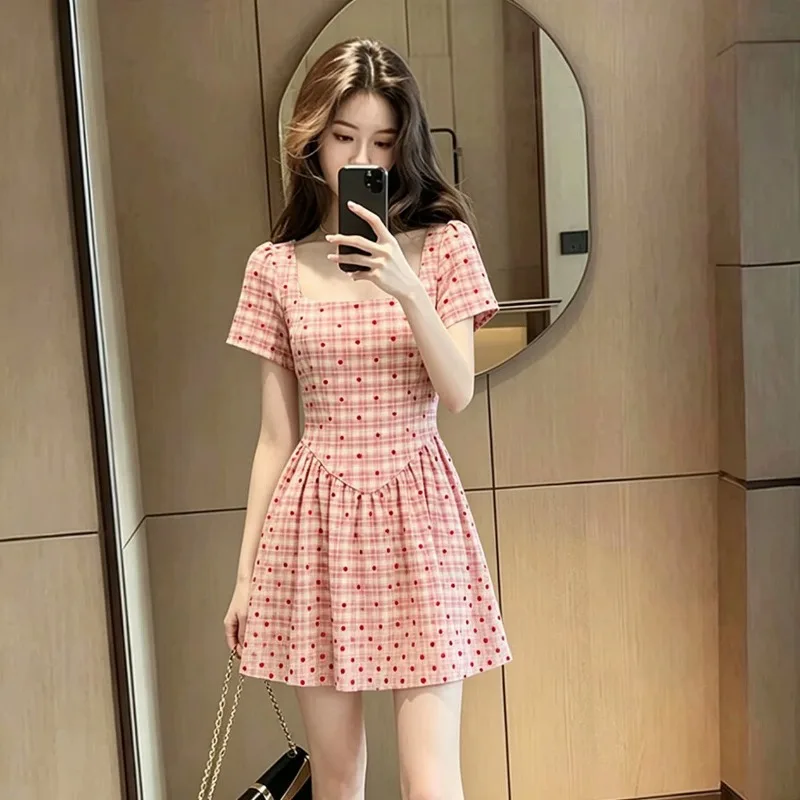 Women Clothes Summer Korean Fashion Printing Contrasting Colors Square Collar Female All-match Fashionable Short Sleeve Casual D