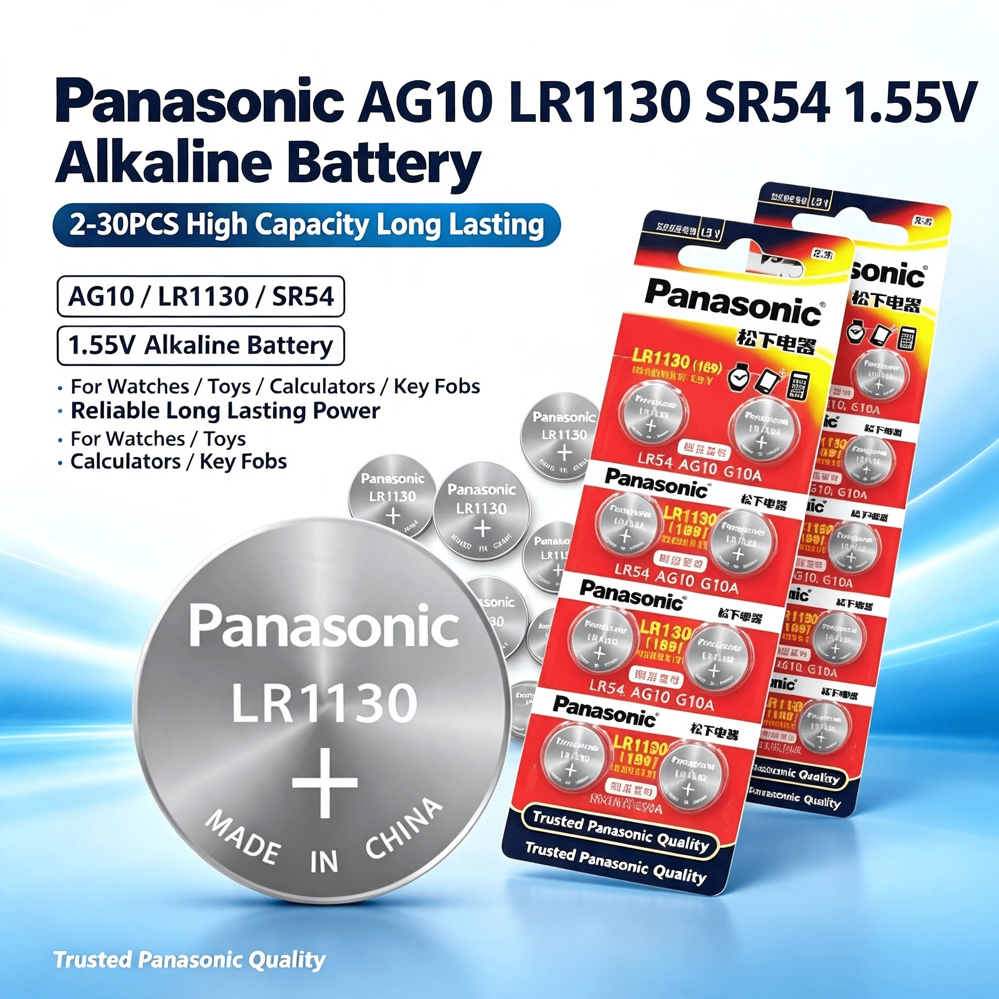 Panasonic AG10 LR1130 SR54 1.55V Alkaline Battery | 2-30PCS High Capacity Long Lasting for Watches, Toys, Calculators, Key Fobs