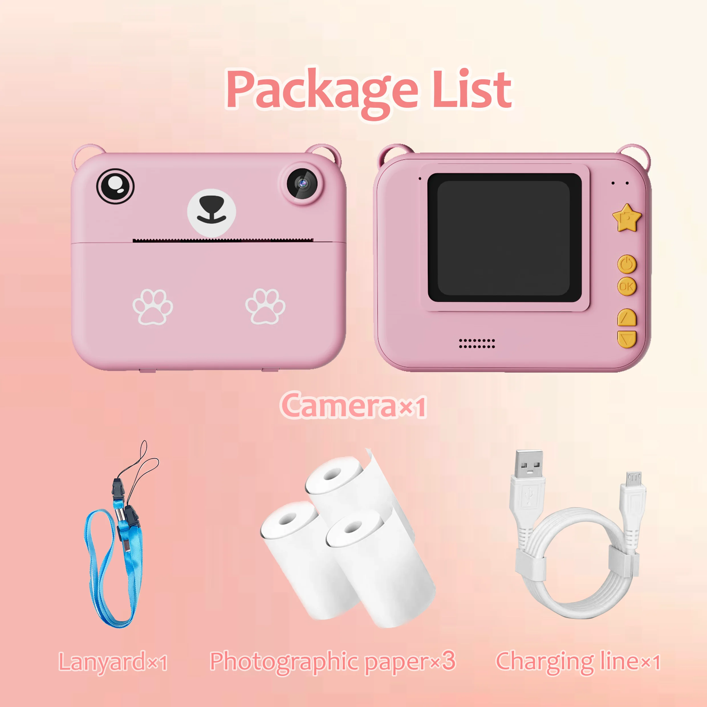 กล้องพิมพ์เด็กทันที พร้อมกระดาษเทอร์มอล 3 ม้วน | การชาร์จ USB | เลนส์คู่ |   แบตเตอรี่ลิเธียม 1500 mAh ของขวัญวันหยุดและวันเกิด