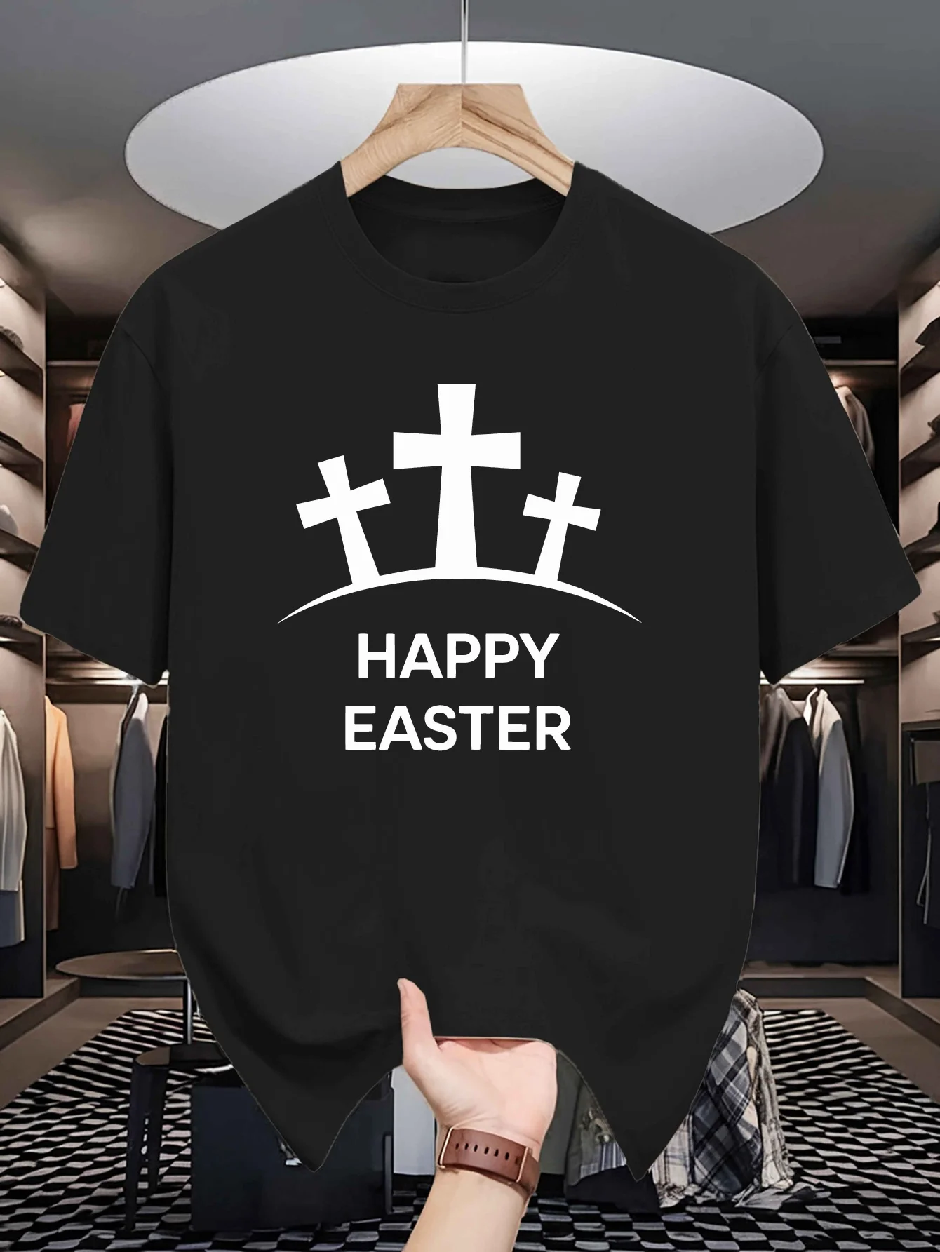 Men Mustard Crew Neck Tee Three Hill Crosses Happy Easter Bold Text Religious Christian Holiday Minimal Cotton Casual Top