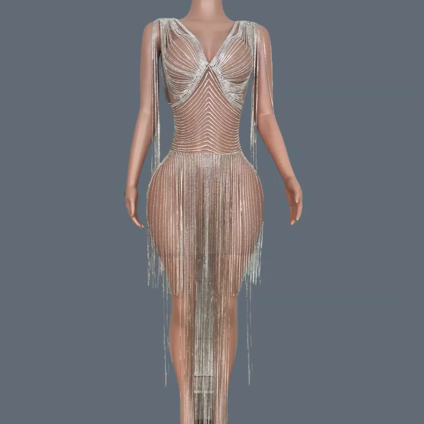 

Silver Crystals Chains Tassel Mini Slimming Dress See Through Mesh Sexy Luxury Evening Dress Singer Stage Show Wear Guangquan