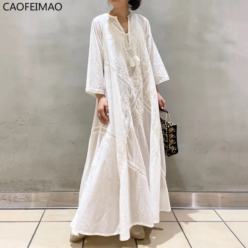 

Women's Summer Dress 2025 Loose Embroidered White Lace V-Neck Long Beach Dress Elegant Dress Holiday Women's White